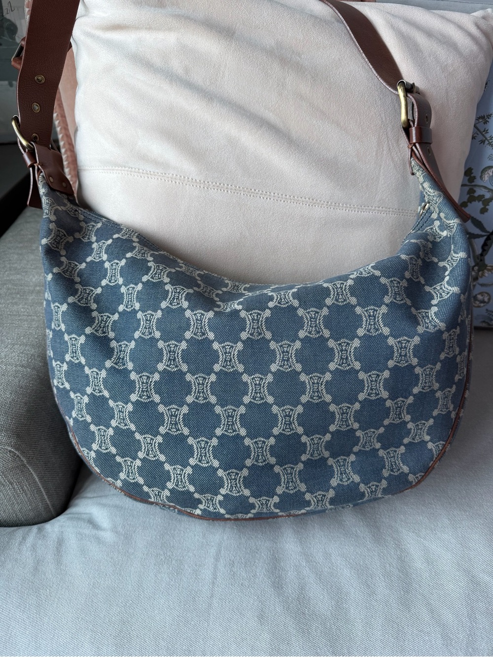 Celine Blue Monogram Canvas Crossbody with Brown Leather Strap - Picture 2 of 13